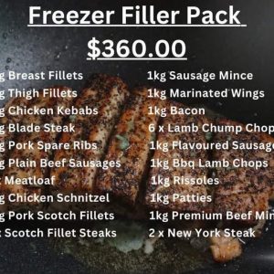 Fat Boy's poster for the Freezer Filler. Seasoned fillets in a pan, the price, and the twenty items in the pack.