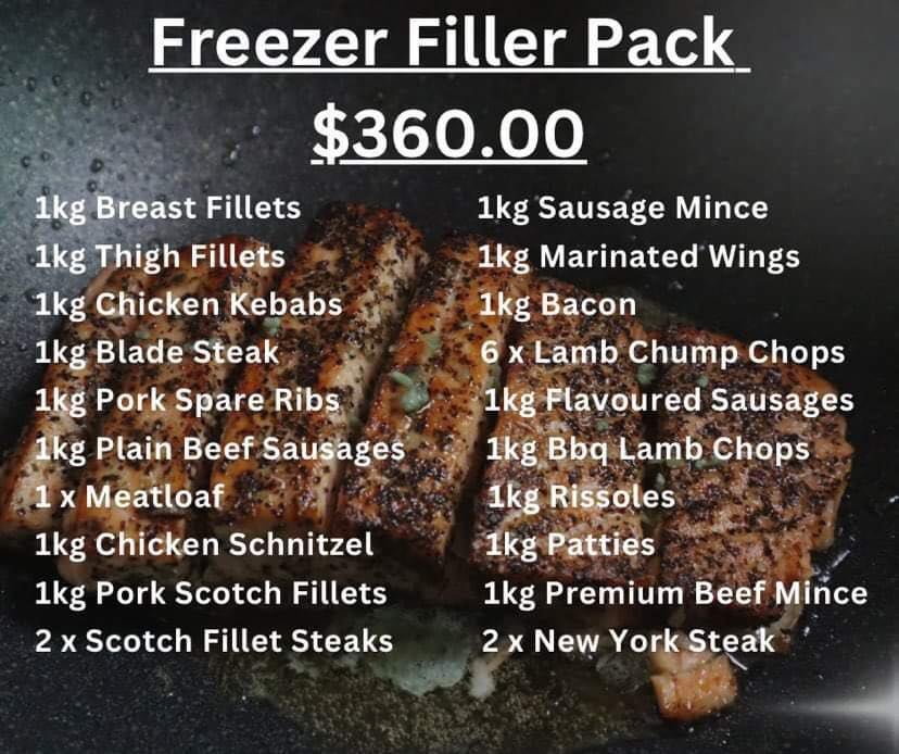 Fat Boy's poster for the Freezer Filler. Seasoned fillets in a pan, the price, and the twenty items in the pack.