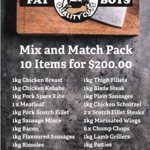 Fat Boy's poster for the Mix and Match Pack. The shop's logo, the price, and the twenty-two items you pick ten from.