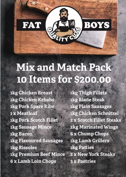 Fat Boy's poster for the Mix and Match Pack. The shop's logo, the price, and the twenty-two items you pick ten from.