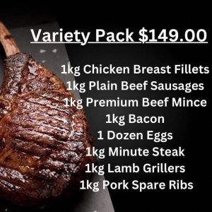 Fat Boy's poster for the Variety Pack. A grilled tomahawk steak, the price, and the eight items in the pack.