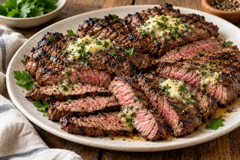 Barbecued blade steak with garlic herb butter