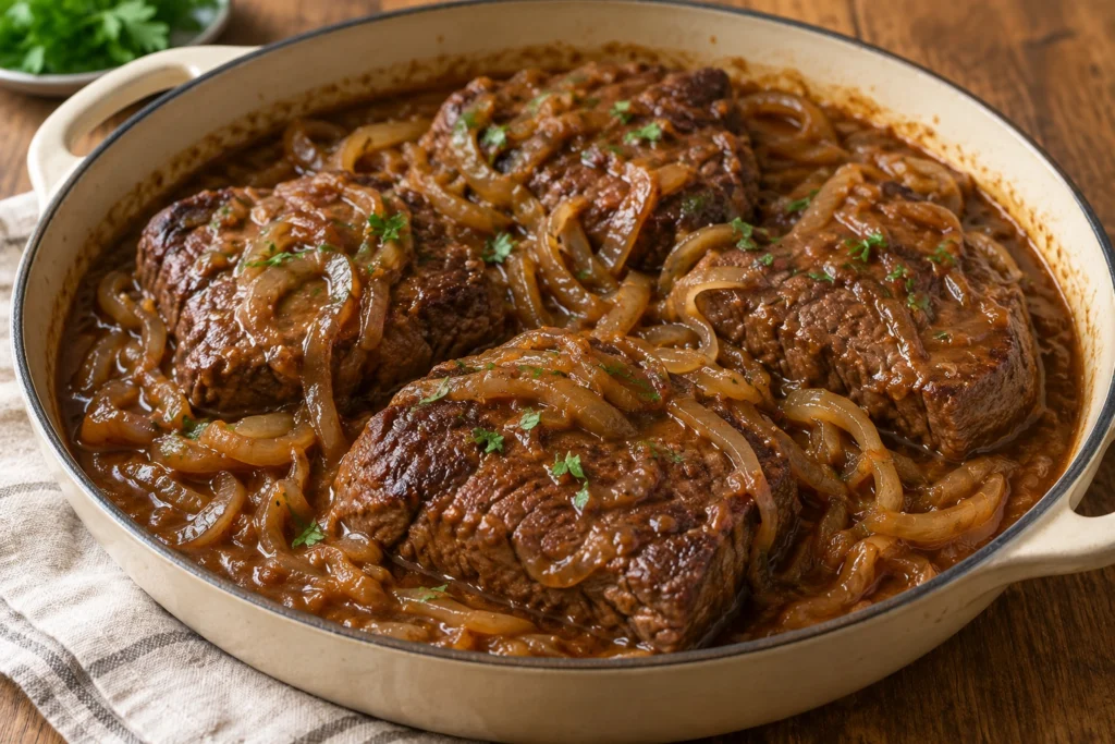 Braised steak and onions