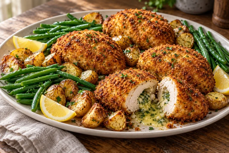 Chicken Kiev with crispy roast potatoes