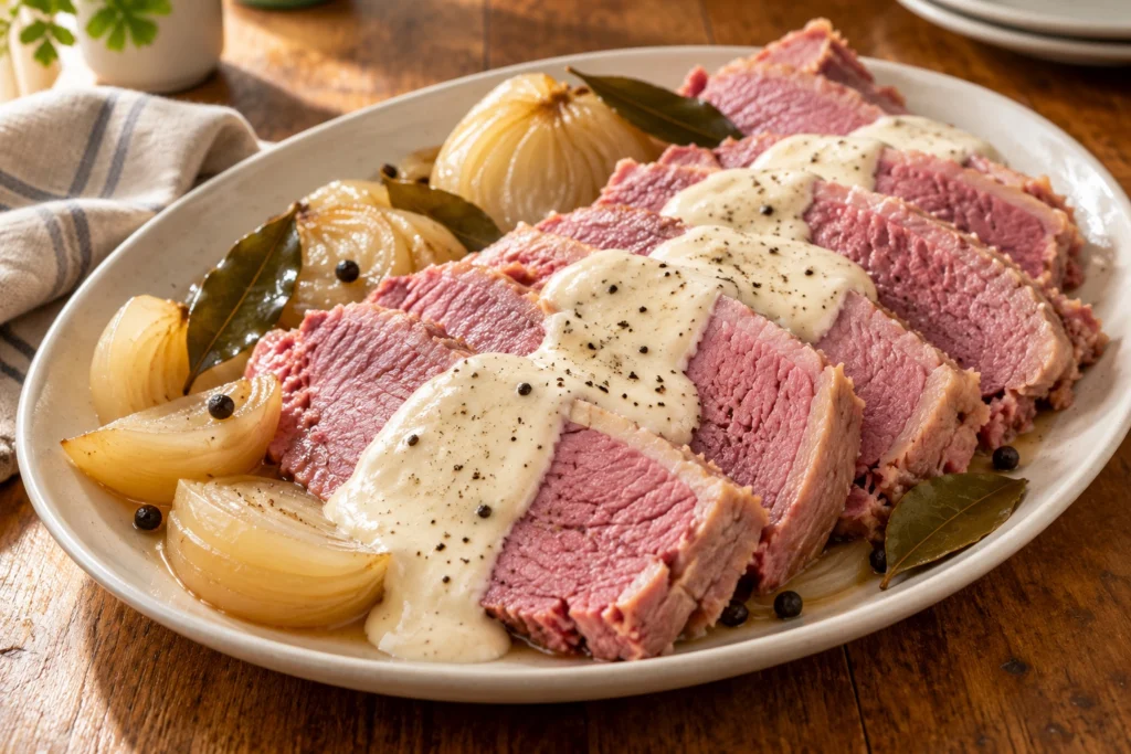 Corned silverside with white sauce