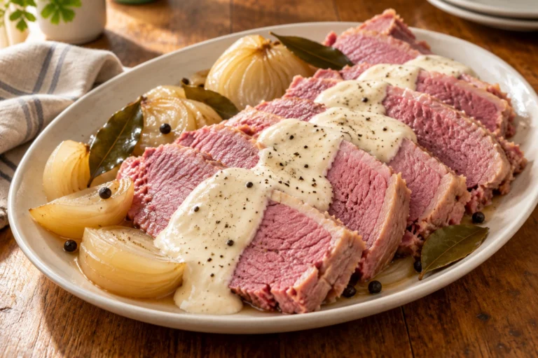 Corned silverside with white sauce