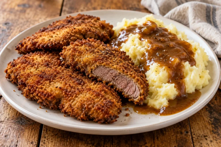 Crumbed steak with mash and gravy