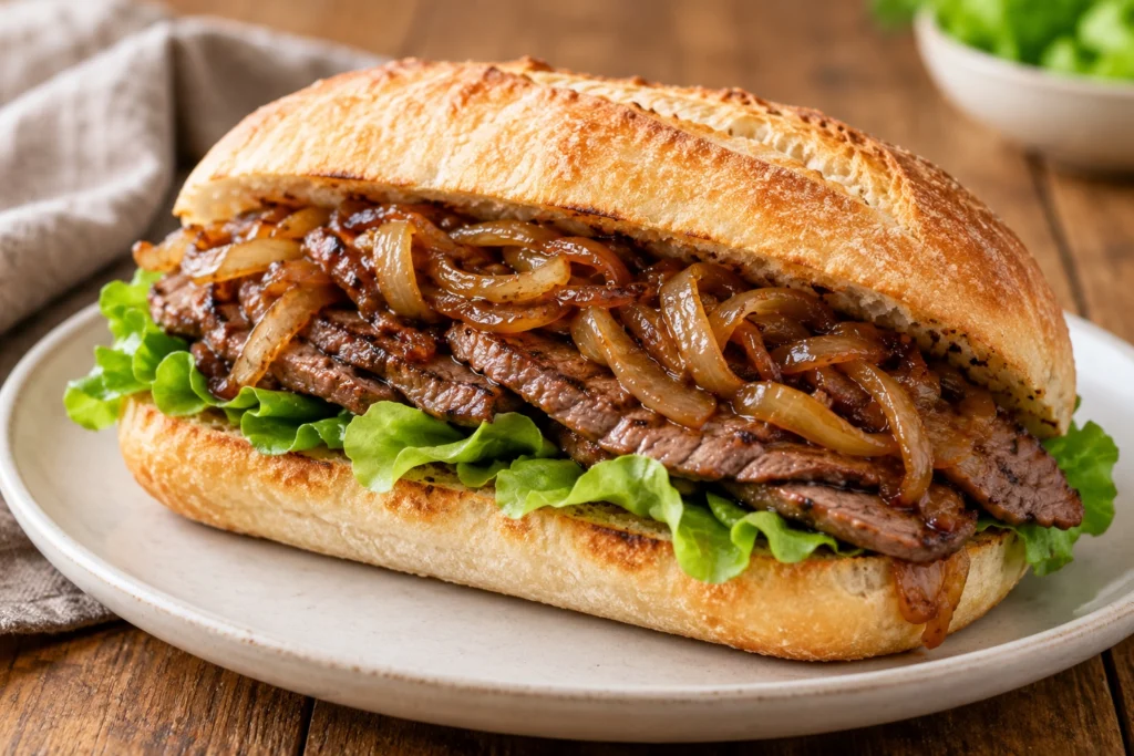 Steak sandwich with caramelised onion
