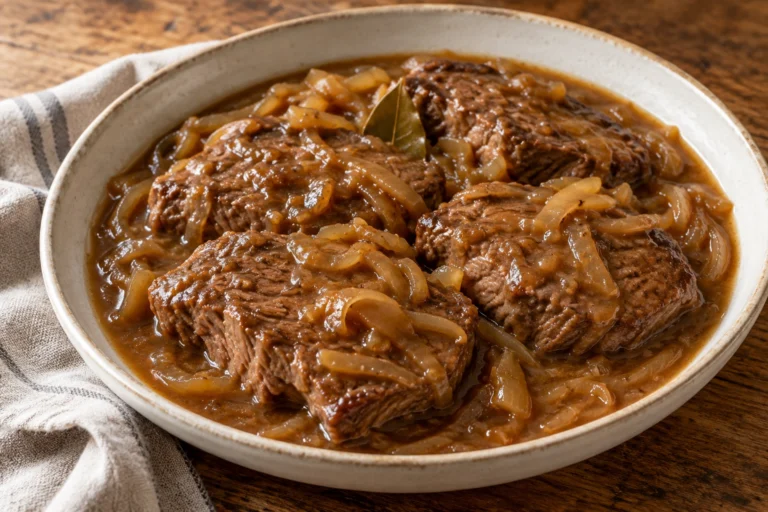 Topside steak with onion gravy