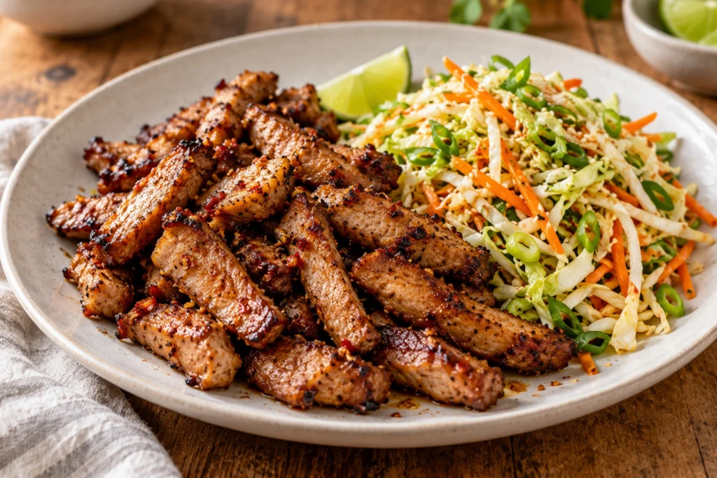 Chilli pork chips with Asian slaw