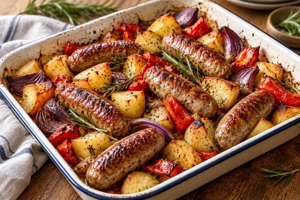 Lamb sausage tray bake