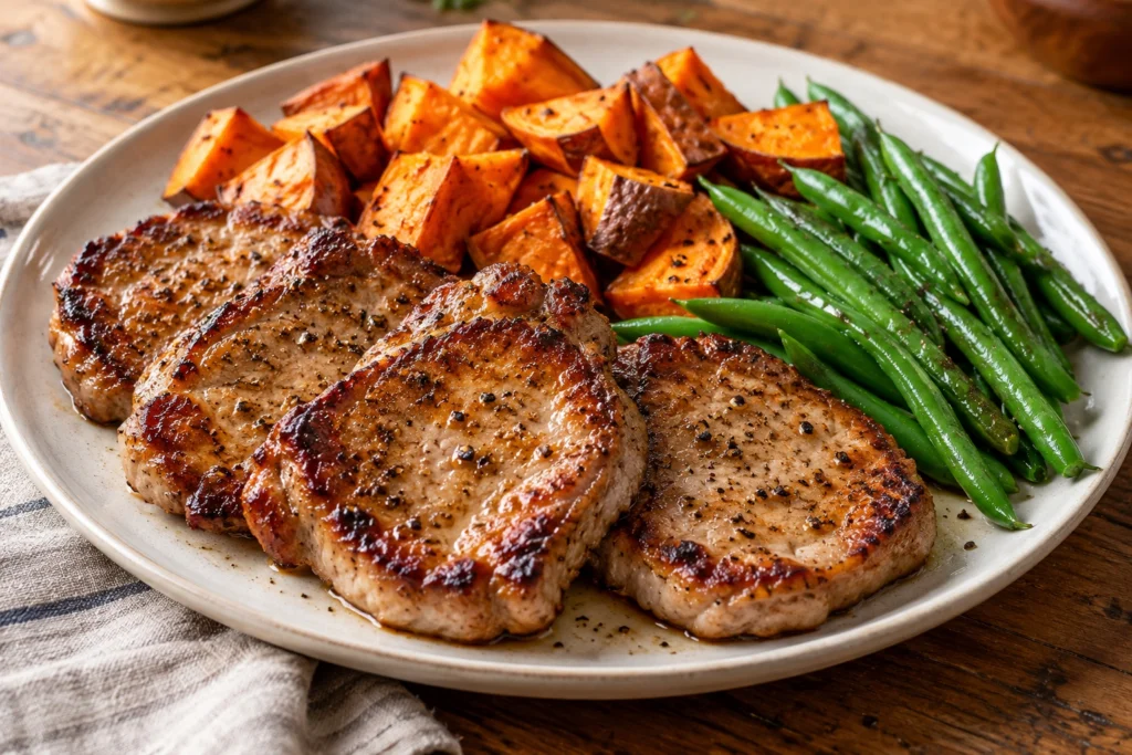 Maple pork with roast sweet potato