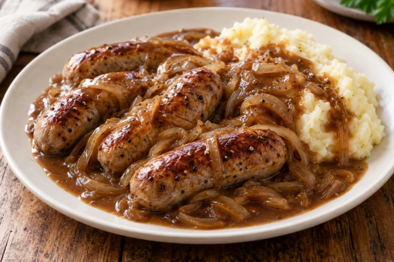 Pepper sausages with onion gravy