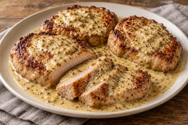Pork scotch fillet with mustard cream sauce
