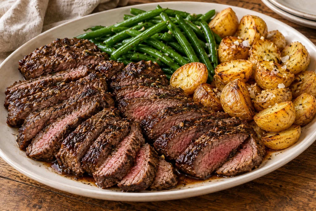 Red wine steak with garlic potatoes