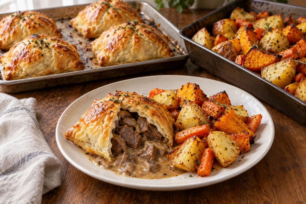 Steak Diane tuckerbag with roast vegetables